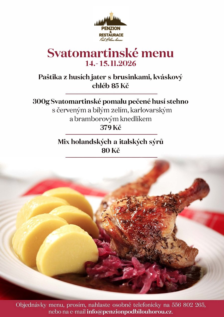Svatomartinské menu 14.–15. 11. 2026 – husí stehno s červeným a bílým zelím a knedlíky, paštika z husích jater, mix sýrů