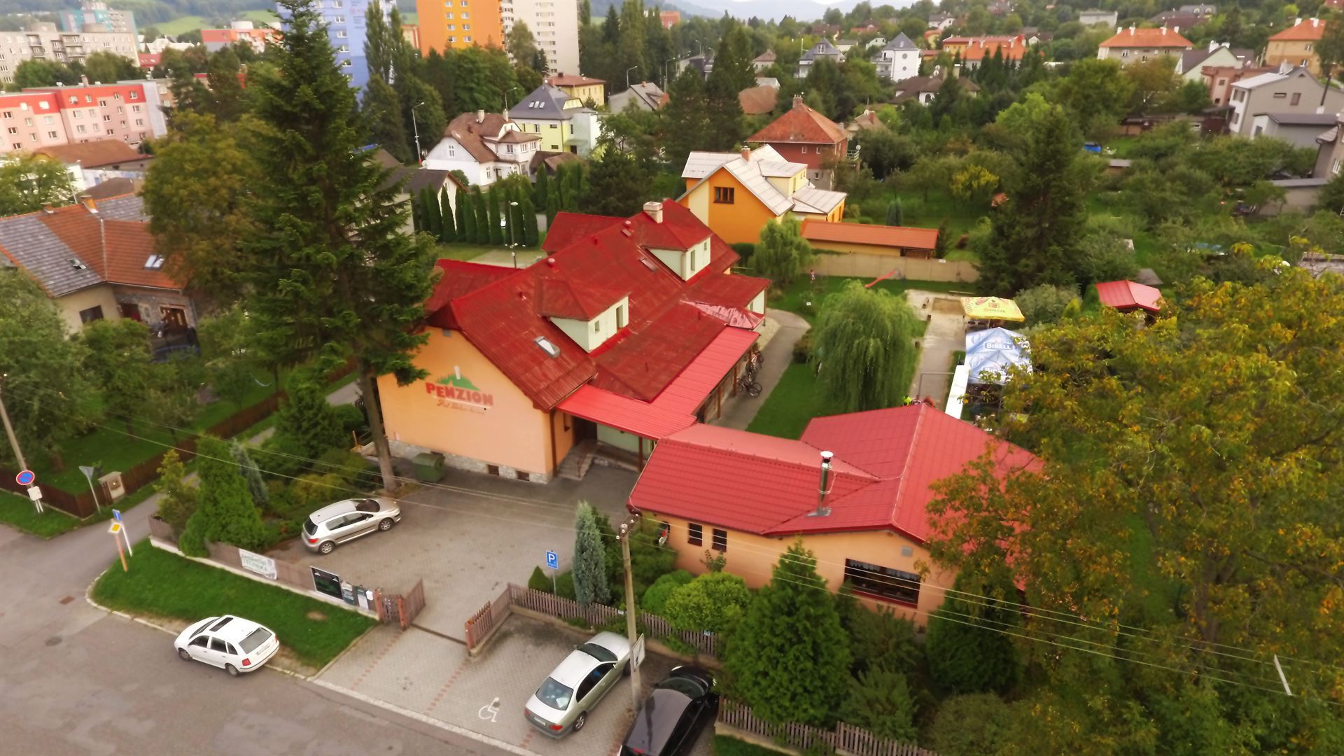 Aerial view of the boarding house grounds