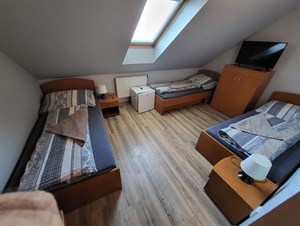 Třílůžkový pokoj s dřevěnou podlahou a šikmým stropem